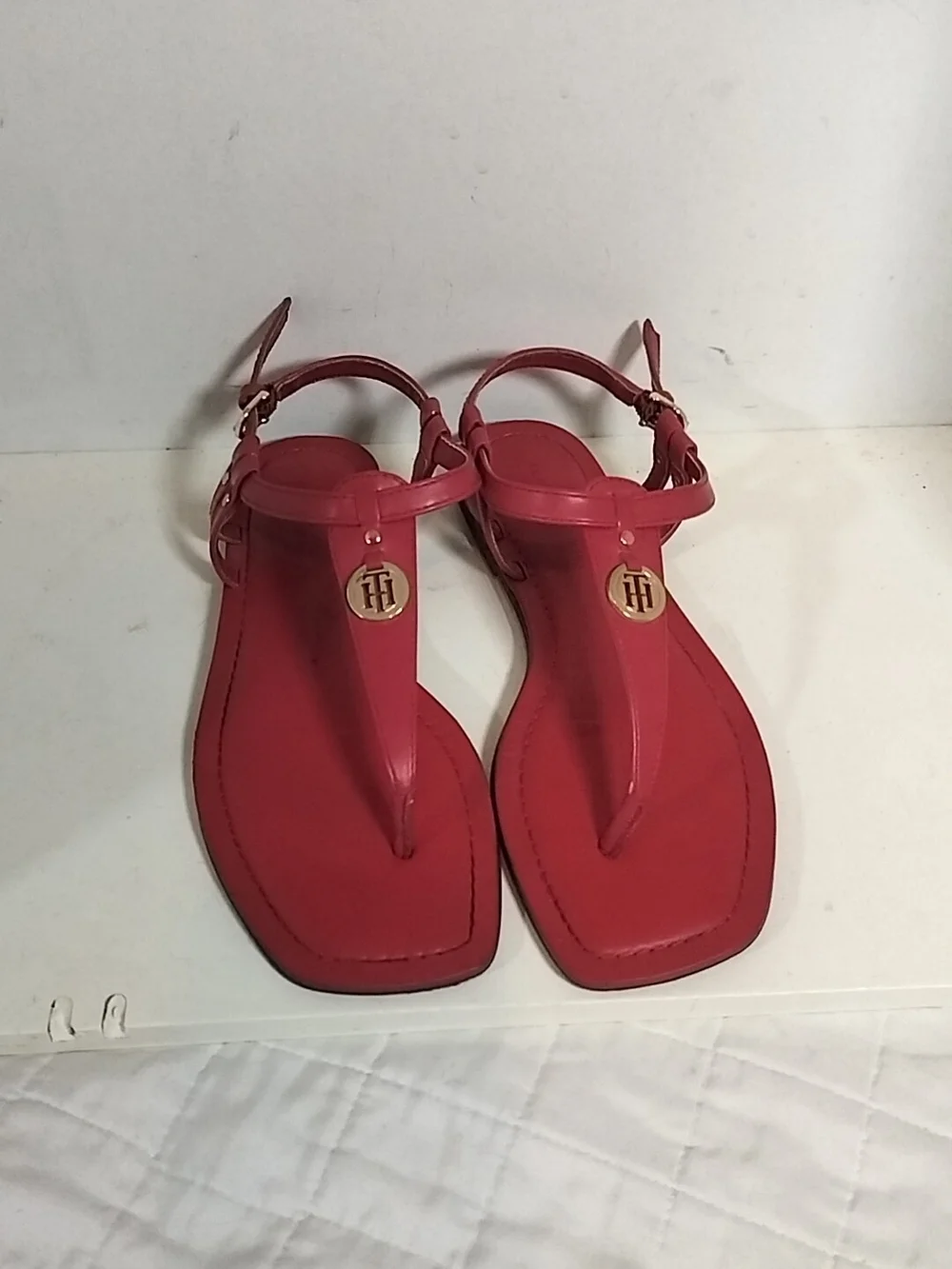 Tommy Hilfiger Red T-Strap Leather Sandals